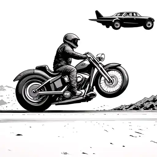 Biker Riding Old School Chopper Down Abandoned Highway Being Observed By People In Flying Car