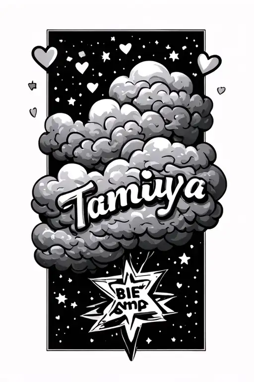 The Name Tamiya Written In Fluffy Clouds With Hearts And Stars