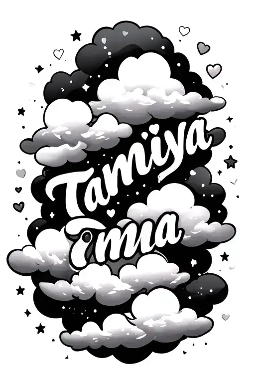 The Name Tamiya Written In Fluffy Clouds With Hearts And Stars