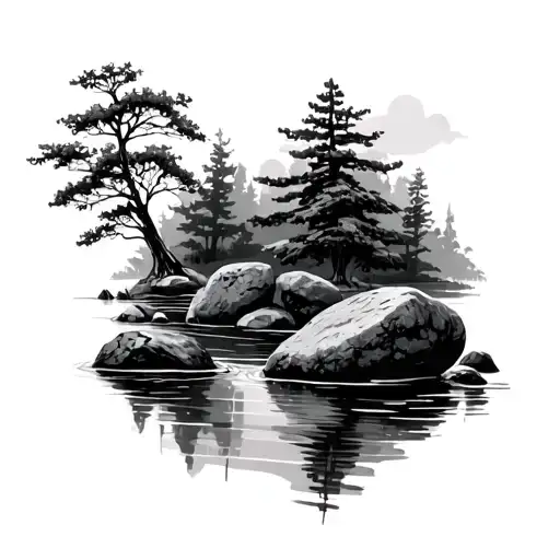 Farn Trees Stones Stream With Two Baby