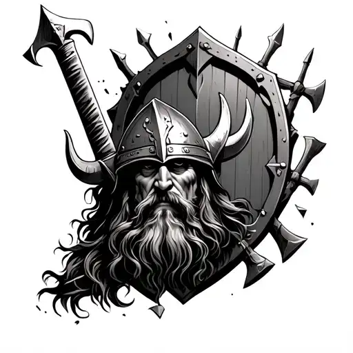Viking In A Helmet With A Broken Sword On The Background Of A Shield With Axes