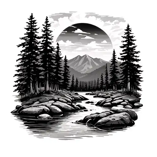 Creek Running Through Southern Pines With Smoky Mountains In Background