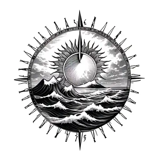 Floral Sun Dial With Mountains And Waves Crashing Waves At The Base