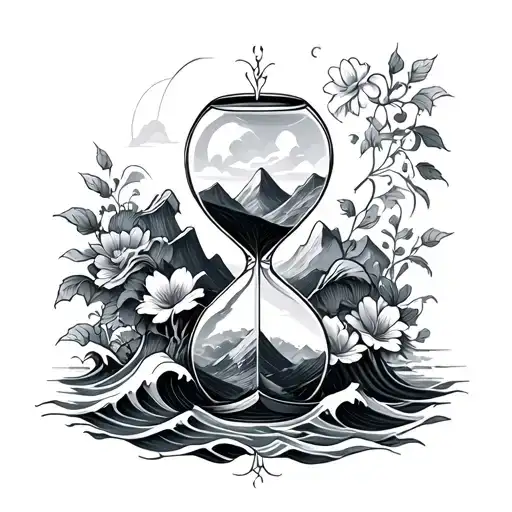 Floral Hourglass With Mountains And Waves Crashing Waves At The Base