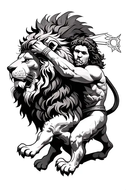 Lion And Greek Warrior Battling