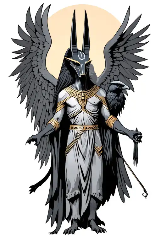 Anubis With A Crow Perched Standing Under Angelic Being