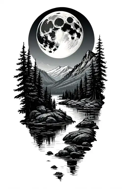 Moon Over Looking Mountain Forest And River