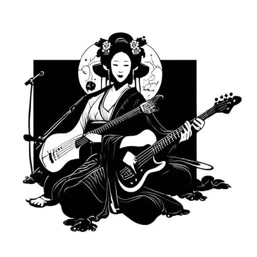 Geisha Playing Shamisen Back To Back With Death Playing An Electric Guitar