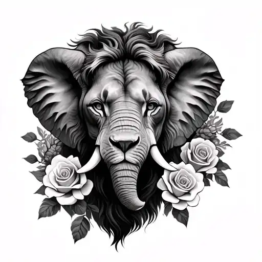 Elephant Face Lion Face And Roses Intertwined