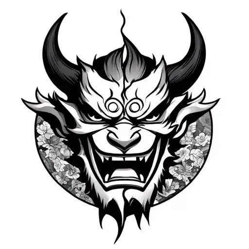 Oni Mask Split In Two While Surrounded By A Traditional Japanese Background