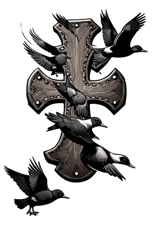 Railroad Spike Cross Surround By Western Leather Engraving Design With 3 All Black Flying Ducks
