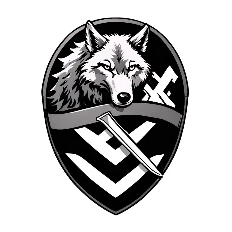 Wolf Behind A Family Crest Featuring A Chevron Pointing Up And A Sword And Shield