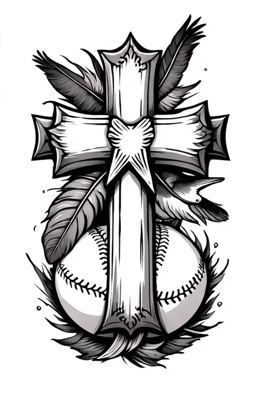 Cross With Baseball And Feather And Birds
