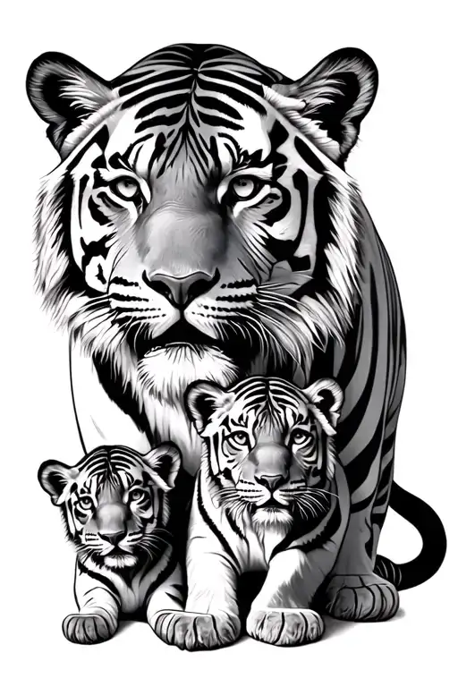 Male Tiger And 3 Tiger Cubs