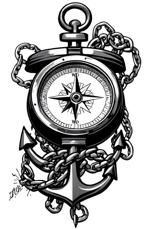 A Compass With A Chain Linked To An Anchor