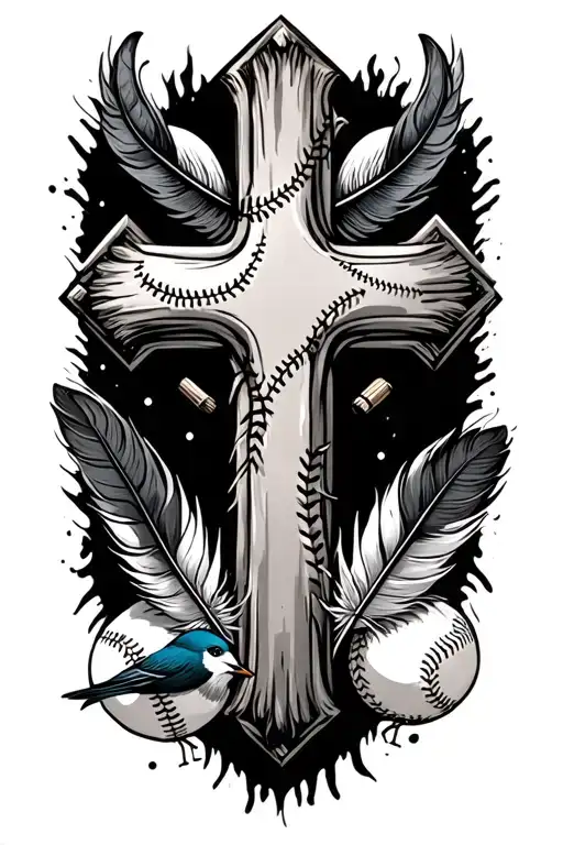 Cross With Baseball And Feather And Birds