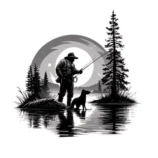 Fisherman With Dog In The River With Moonlight Lake Scene