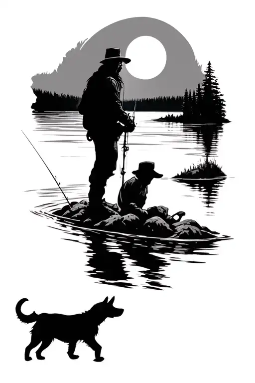 Fisherman With Dog In The River With Moonlight Lake Scene