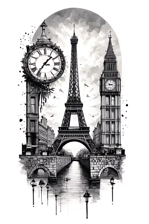 Eiffel Tower With Berlin Wall And Big Ben Clock Face And Row Houses Of Amsterdam