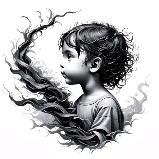 Child And Blowing Wind Elements Intertwined