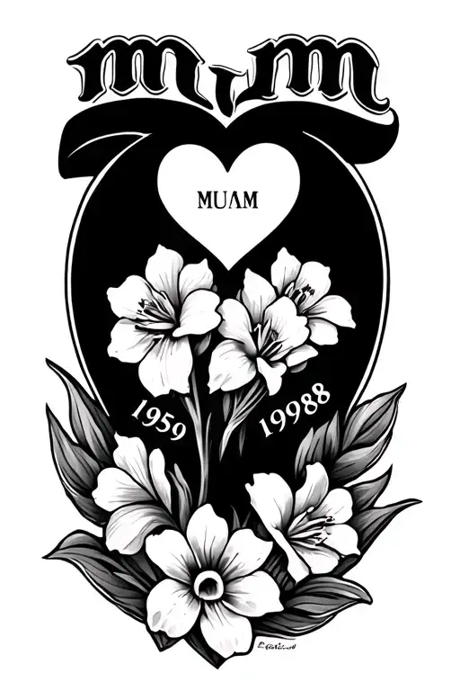 Memorial Tattoo For Mum With A Heart And Freesia Flowers The Word Mum And Dates 1959-1998