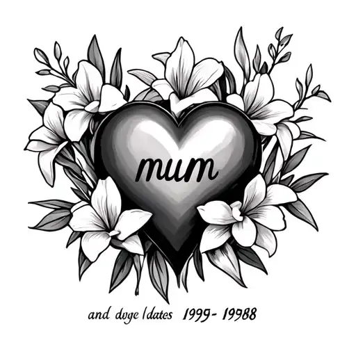 Memorial Tattoo For Mum With A Heart And Freesia Flowers The Word Mum And Dates 1959-1998