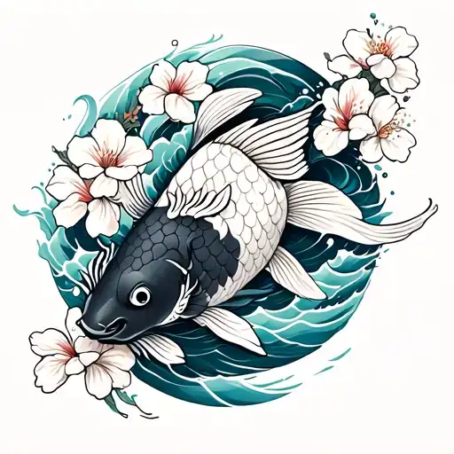 Koi Fish Tattoo With Waves And Cherry Blossoms