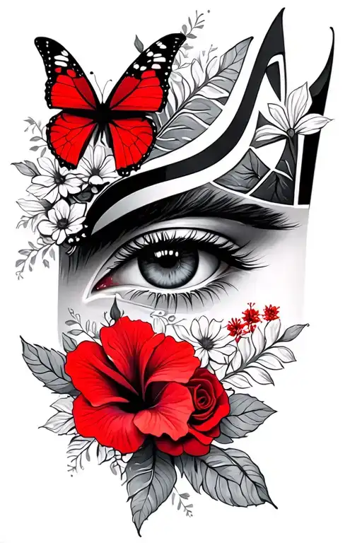 Eye Of Ra Mixed With Red Butterflies & Roses Mayflowers Hibiscus