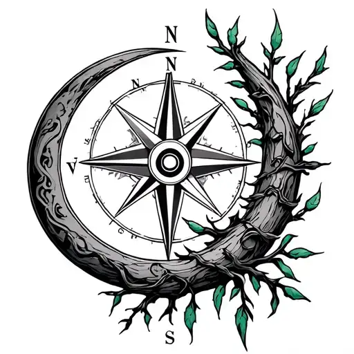 Fine Line Weeping Willow Branch Compass Crescent Moon