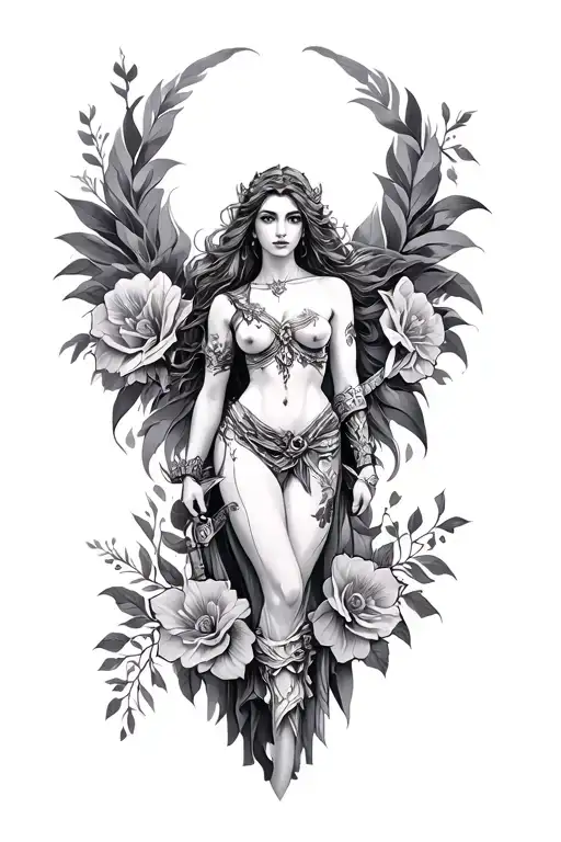 Goddes Warrior Full Body With Flowers