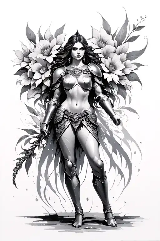 Goddess Warrior Full Body With Armor In With Flowers
