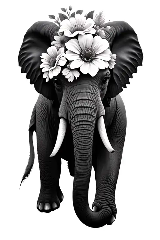 Elephant Head With Half Of Its Head Covered With Blooming Flowers