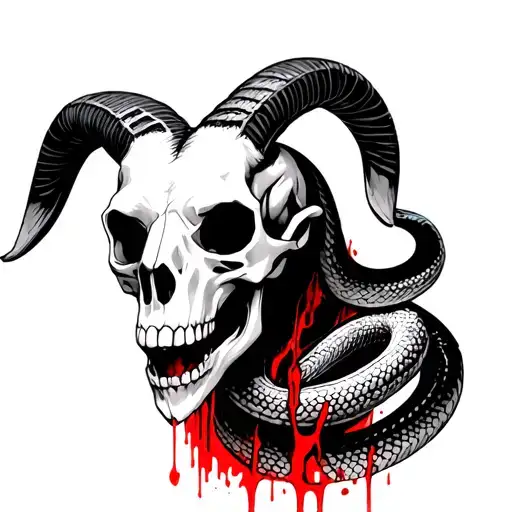 Skeleton Goat Skull With Skeleton Snake Body With Red Blood Coming From Eyes Down