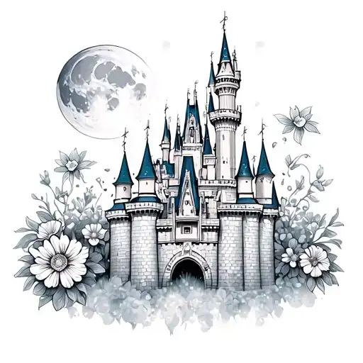 Disneyland Castle With Some Flowers Surrounding And Maybe The Moon