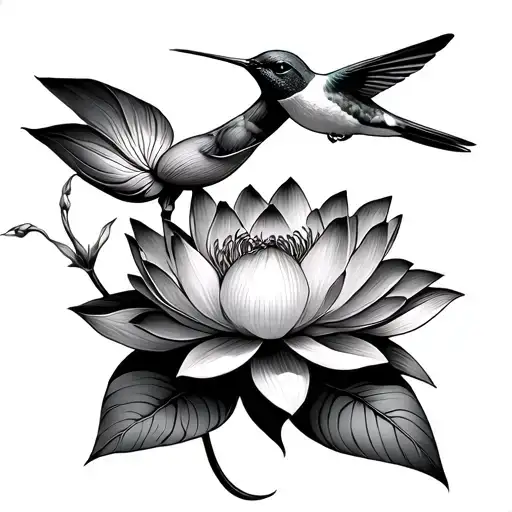 Lotus Flower With Hummingbird Hovering
