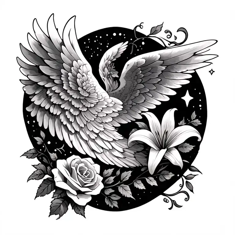 Back Angel Wing With Vines And Lily's And Roses With Stars