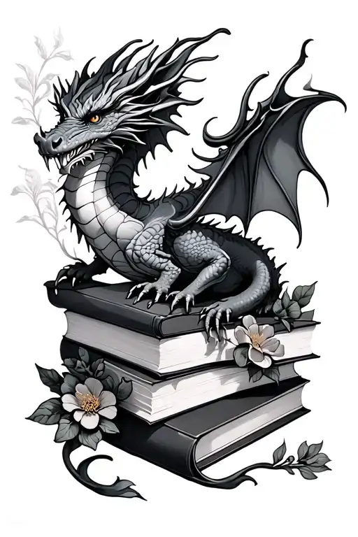 Dragon On Books Surrounded By Florals