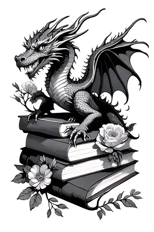 Dragon On Books Surrounded By Florals