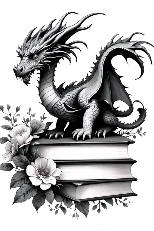 Dragon On Books Surrounded By Florals