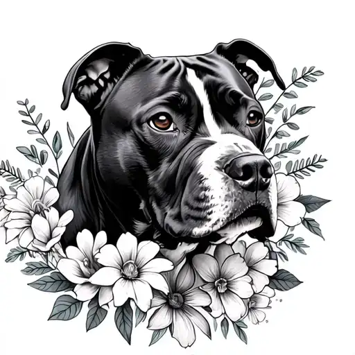 April Birth Flowers Surrounding Pitbull Dog Tattoo idea