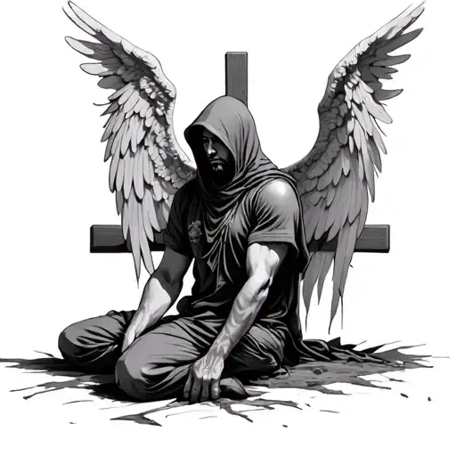 A Hooded Man Kneeling Infront Of A Cross With Decaying Angel Wings On His Back