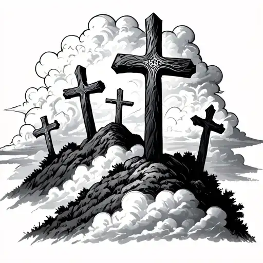 3 Normal Crosses On Hill With Clouds
