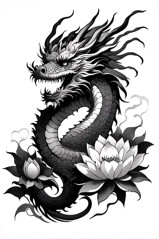 Asian Dragon With Part Of The Body And 5 Lotuses Half Sleeve