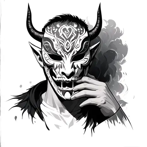 Man Holdin Oni Mask Partially Covering His Face