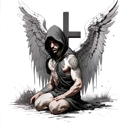 A Hooded Man Kneeling Infront Of A Cross With Decaying Angel Wings On His Back