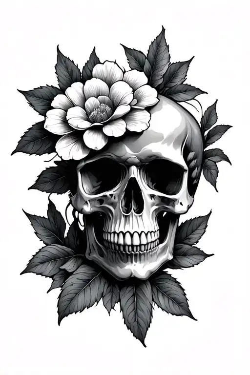 Dark Japanese Flower Skull And Leaves Growing