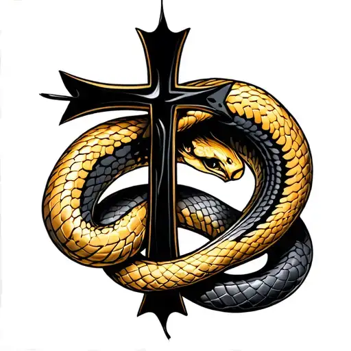 Black Cross Whit Golden Snake Coiled