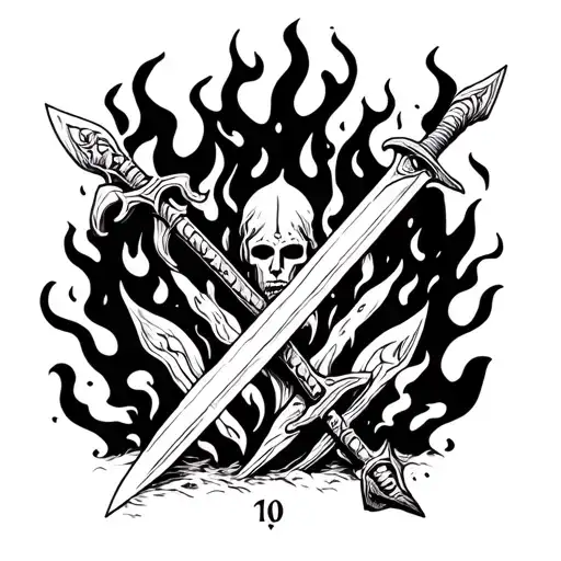 Three Of Swords Tarot Card With Flames Under It