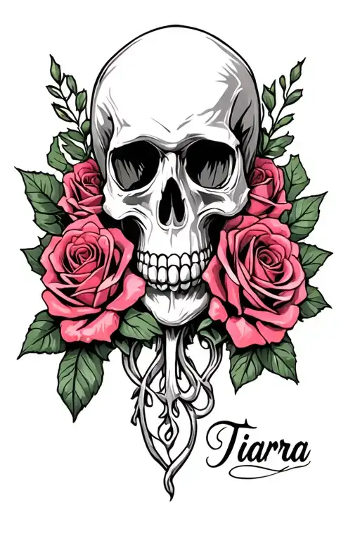 Skull And Roses With Name Tiarra