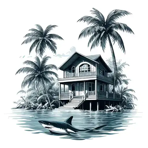 Shark Swimming Near Board Walk Villa Nestled Among Palm